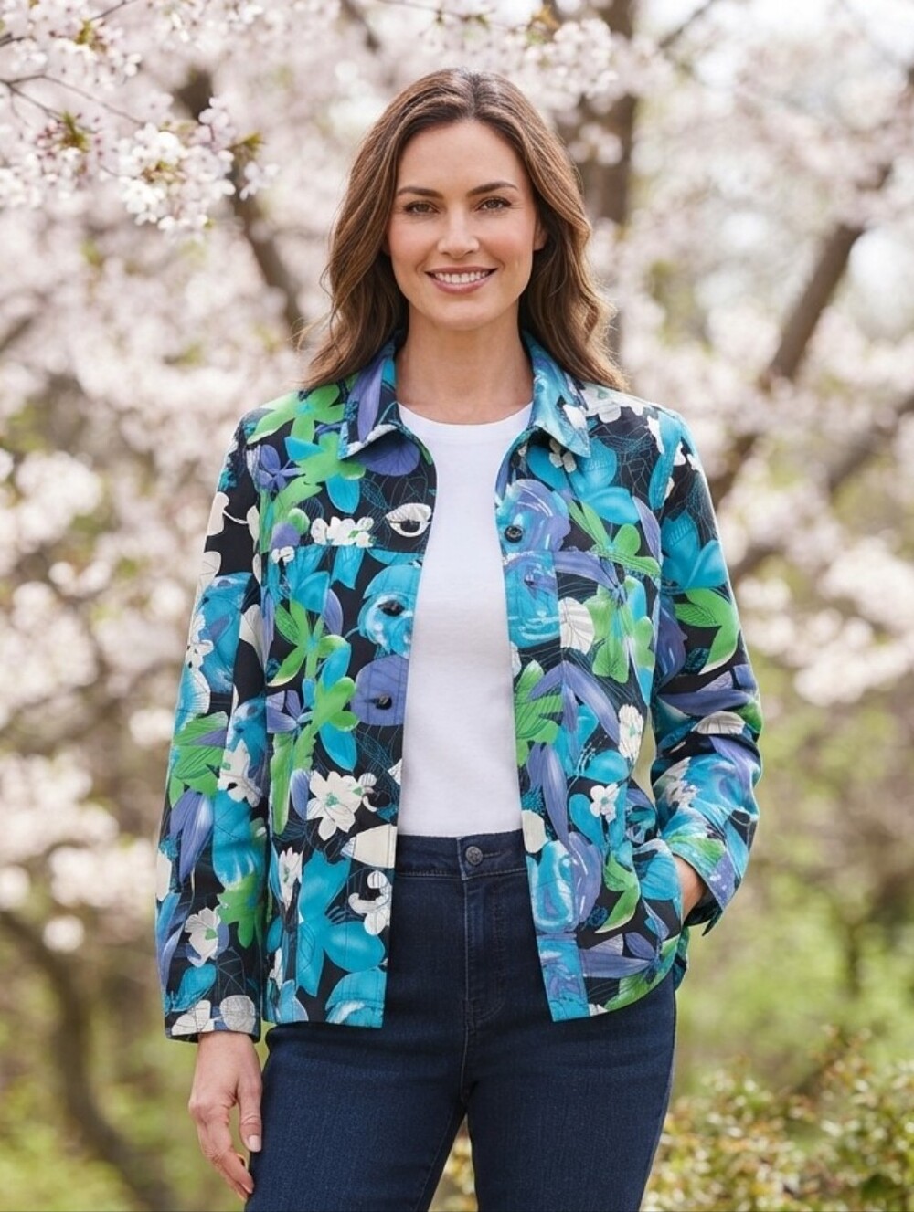 TANJAY Colorful Floral Lightweight Button Front Jacket Size Large